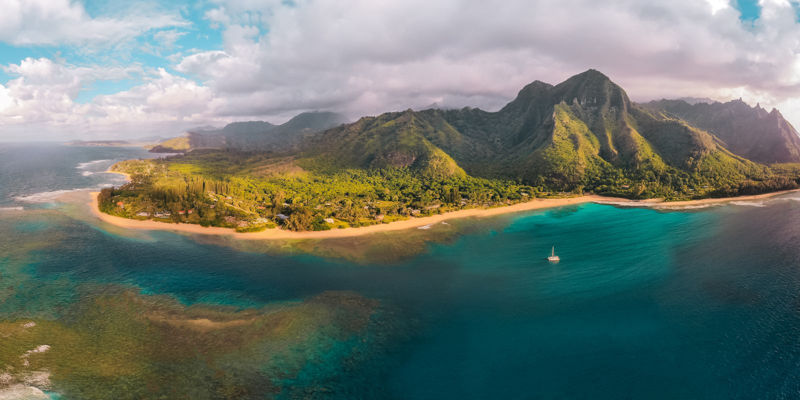 Aerial view of a tropical coastline and turquoise water
